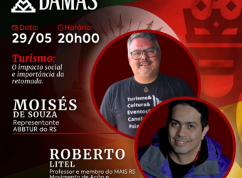 Card de divulgação do Podcast Primeiro as Damas com Moisés de Souza, membro da executiva estadual da ABBTUR-RS e Roberto Litel, presidente da ONG MAIS RS